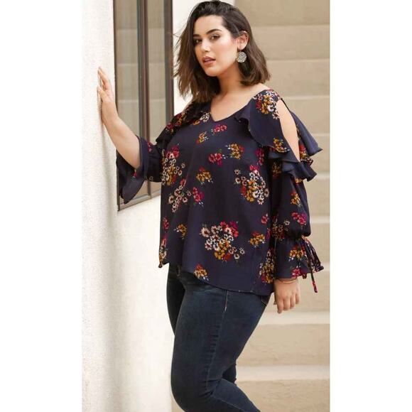 Skies are Blue, Plus Size Floral Print Cold Shoulder Blouse, Women's Size 2XL - Picture 2 of 7